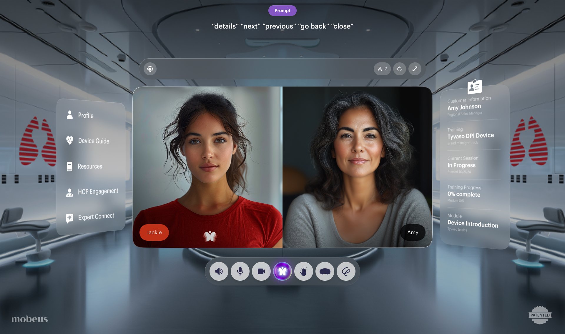 The United Therapeutics training room: two participants, Jackie and Amy, side by side in the middle of a grey clinical suite, a menu on the left with Profile, Device Guide, Resources, HCP Engagement and Expert Connect, a context panel on the right showing Amy's training module and progress, and the dock of round controls below.