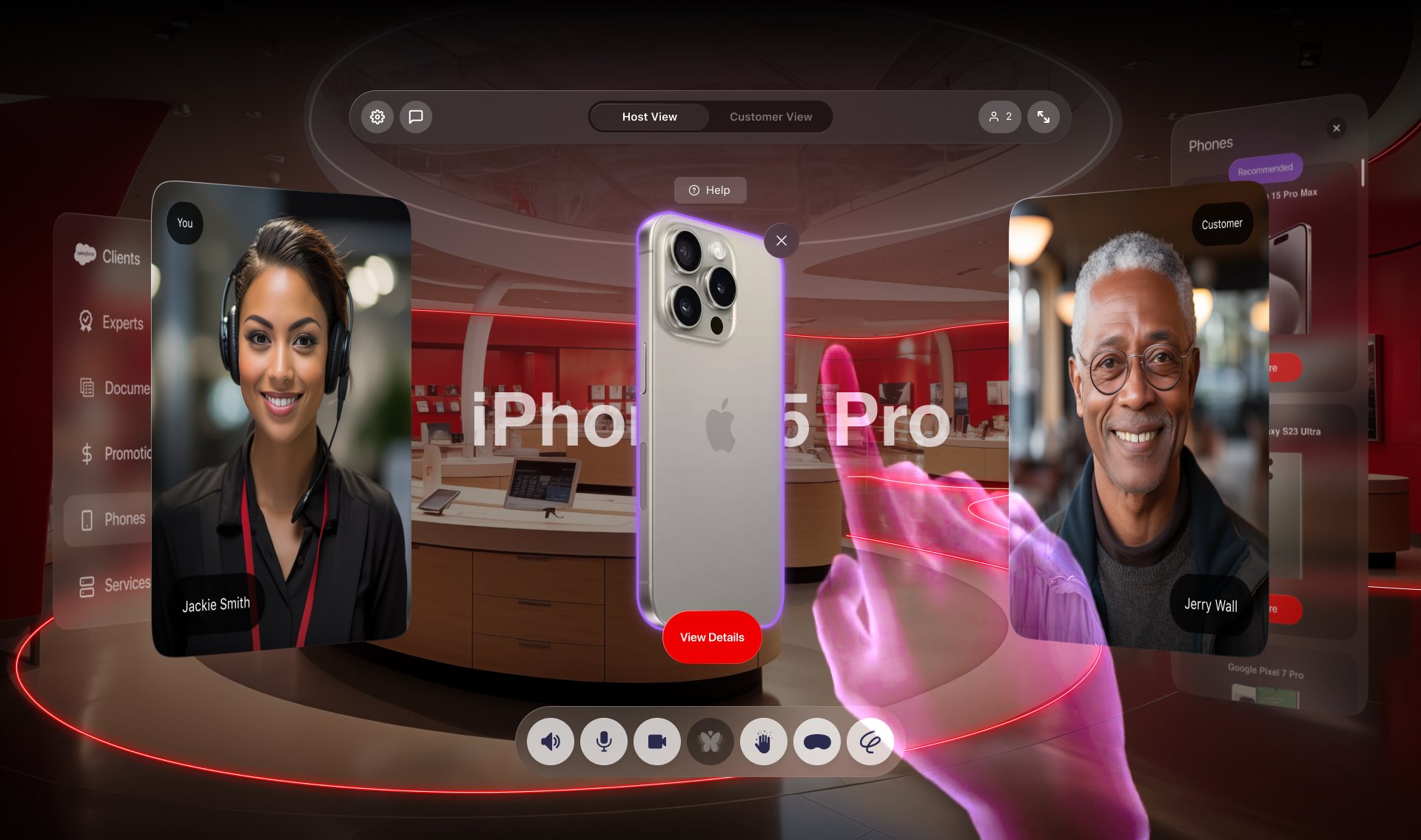 The Verizon store room: a glowing hand reaches toward an iPhone 15 Pro floating in the centre, with a View Details button beneath it, a Help label above, and the rep and customer on angled panels to either side.