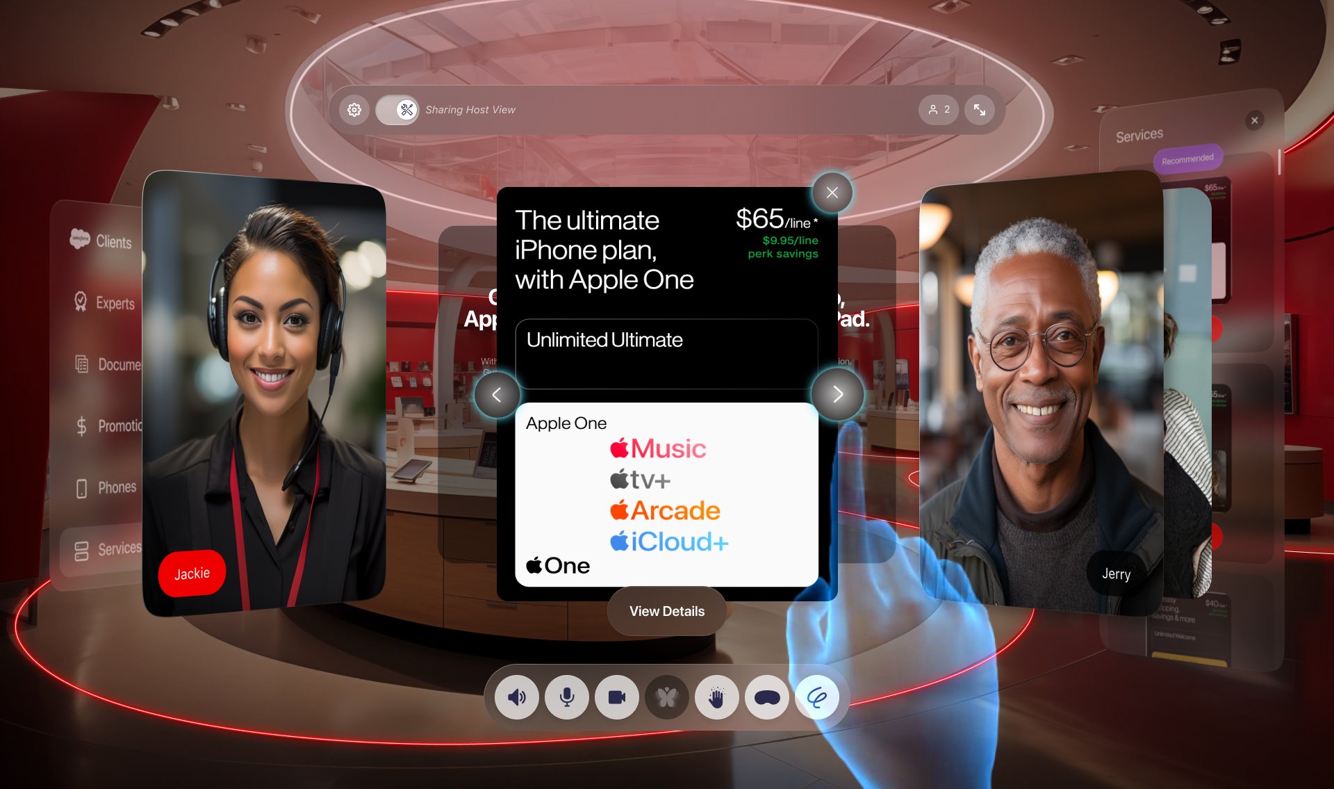 The Verizon store room: a hand in the air swipes through a plan card for Unlimited Ultimate with Apple One, with left and right arrows on the card, a View Details button, and Sharing Host View switched on in the toolbar.