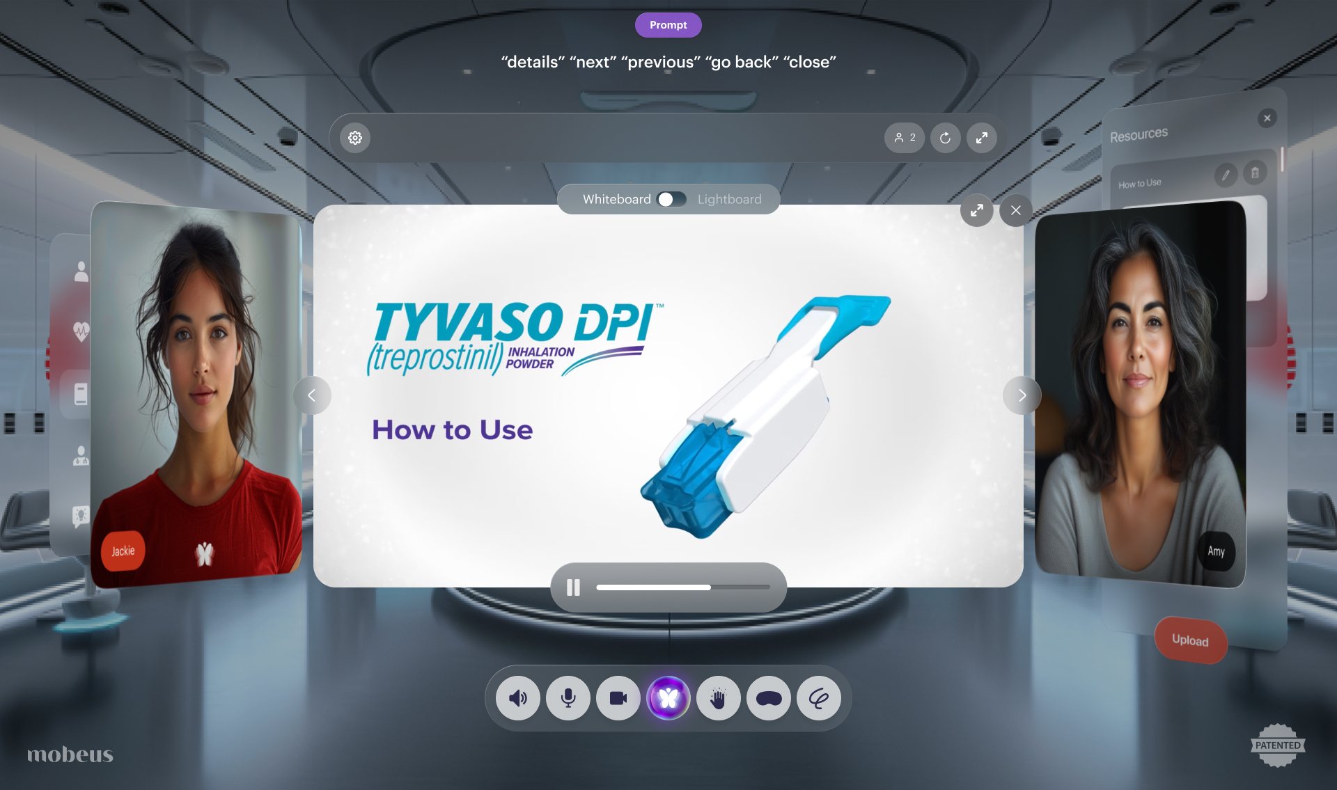 A Tyvaso DPI How to Use video playing in the centre of the room, with Jackie angled on the left and Amy angled on the right, a Whiteboard and Lightboard toggle above the video and a resources panel behind.