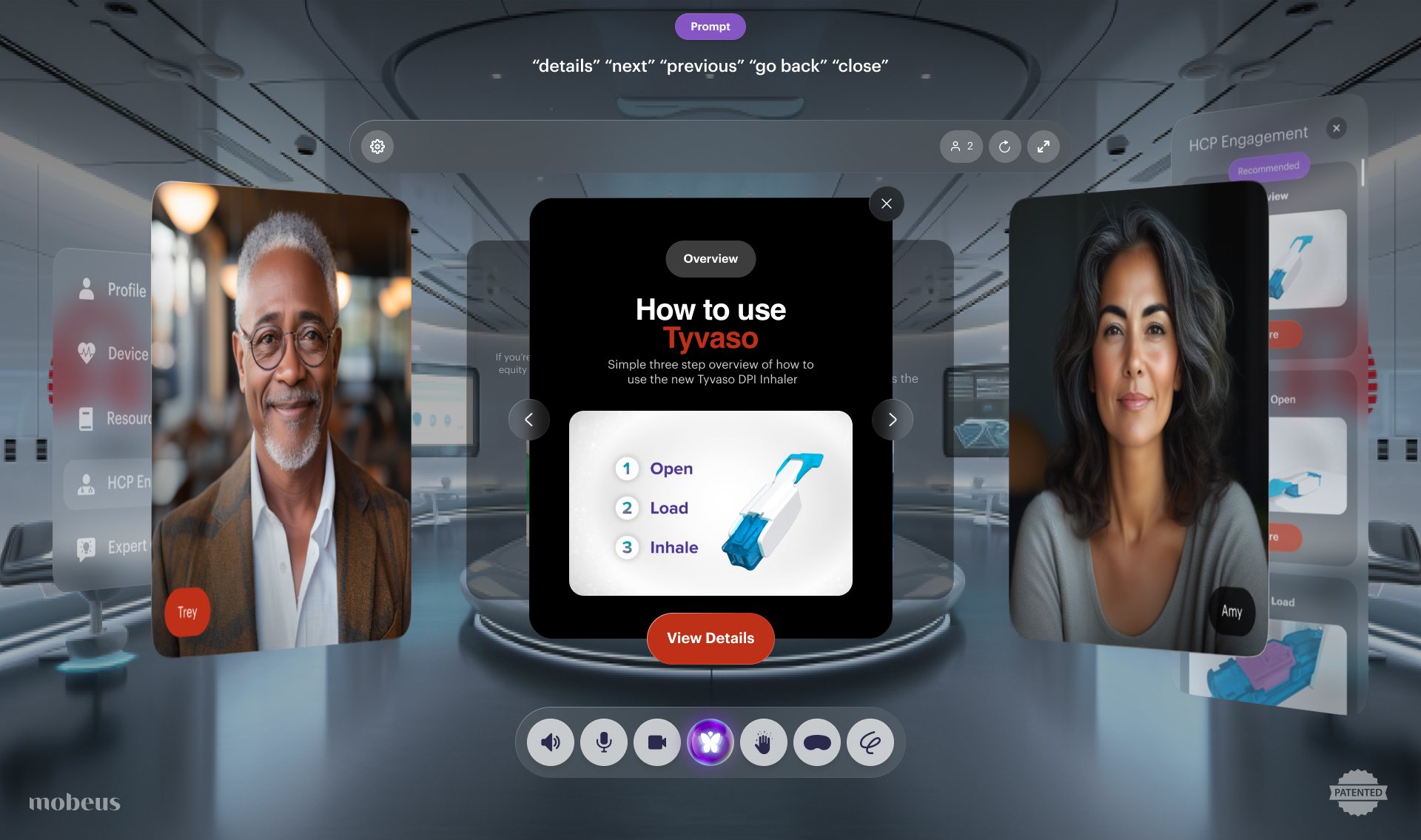 A dark overview card titled How to use Tyvaso with three steps, open, load and inhale, and a View Details button, between a product training lead on the left and Amy on the right, with the HCP Engagement panel behind.