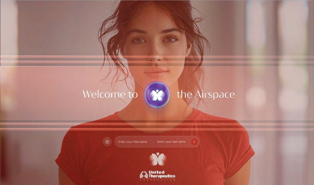 The welcome screen: Welcome to the Airspace, set around a glowing butterfly mark over a softly tinted video of a woman, with a single row asking for first and last name and an arrow button, and the United Therapeutics logo below.