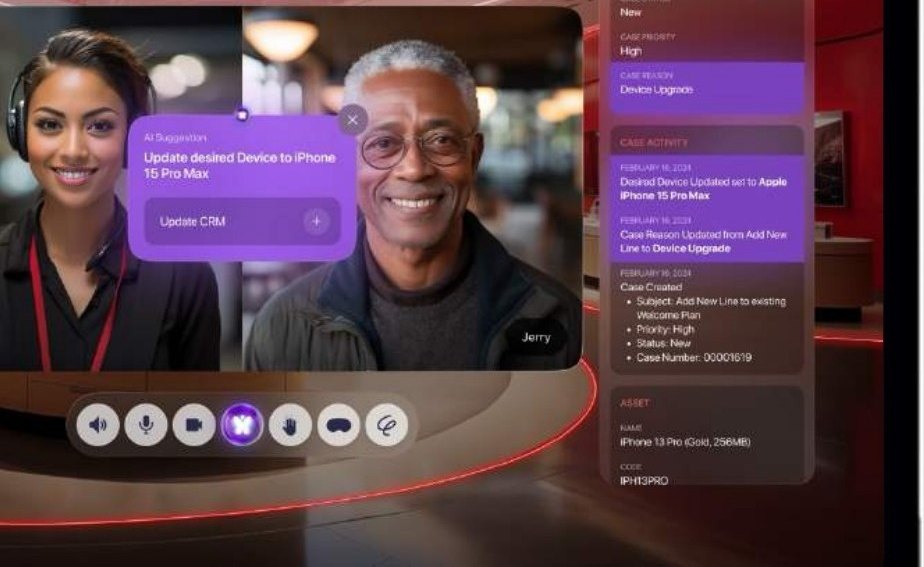 The Verizon room: a rep and a customer side by side, a purple AI suggestion card reading Update desired device to iPhone 15 Pro Max with an Update CRM button, and a Salesforce panel on the right listing case priority, reason and recent case activity.