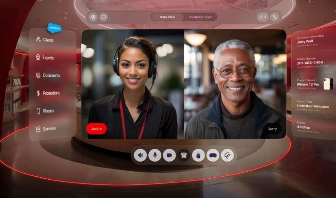 The Verizon Airstore room: a rep and a customer side by side over a red store floor, a menu on the left with Clients, Experts, Documents, Promotions, Phones and Services, customer details on the right, and the dock below.
