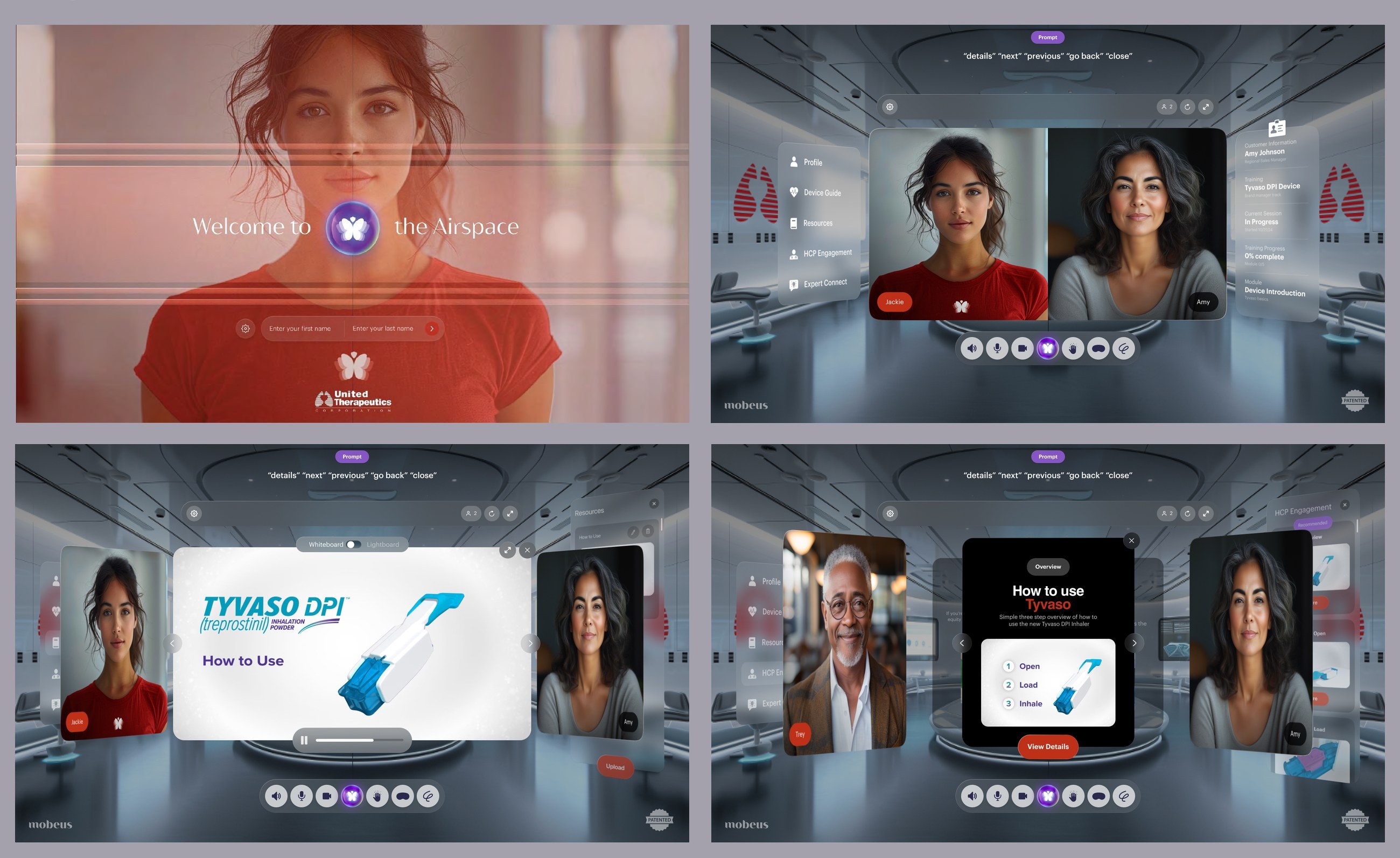 Four Airspace screens for United Therapeutics: a welcome screen asking for a first and last name, a 3D training room with two participants between a module menu and a context panel, a Tyvaso DPI how-to video with the participants angled to either side, and a three-step inhaler overview card.