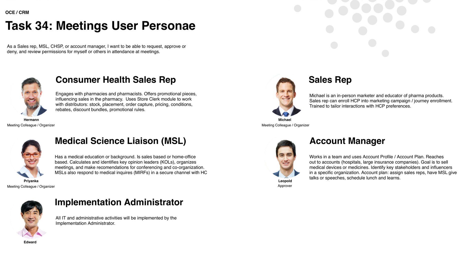 Five user personas for the meetings work: consumer health sales rep, sales rep, medical science liaison, account manager and implementation administrator, each with a description of what they do and whether they organize or approve meetings.