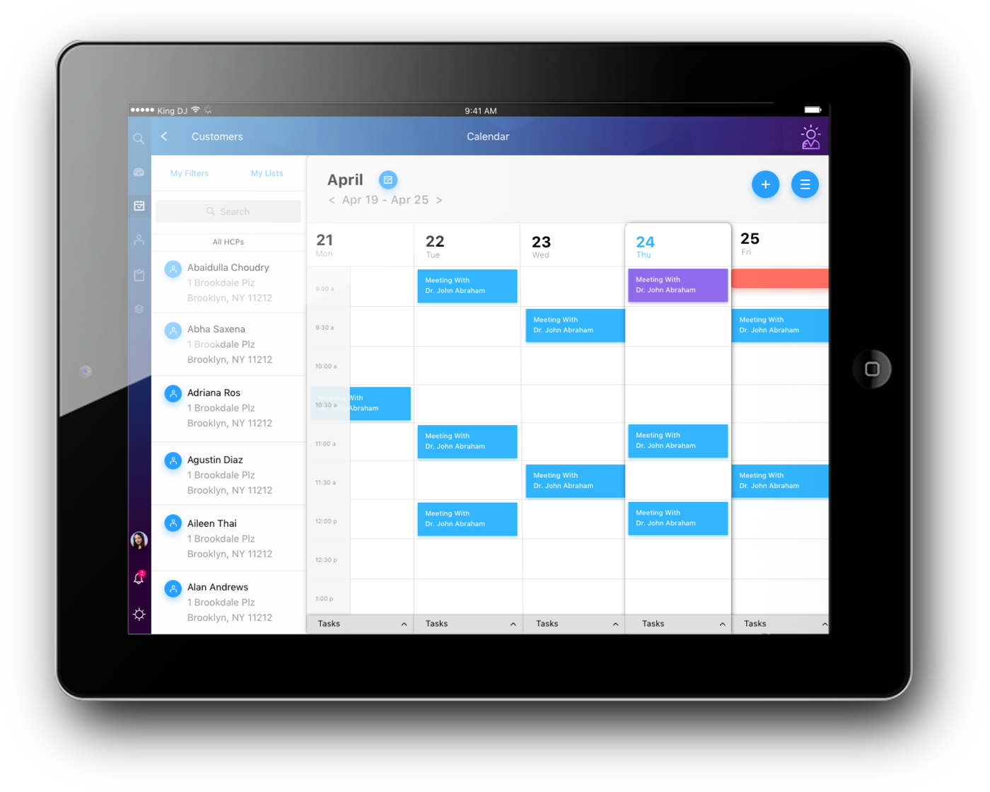 The shipped calendar on iPad: a filterable list of healthcare providers on the left beside a five day week grid of scheduled meetings, with a collapsible tasks row pinned under each day.