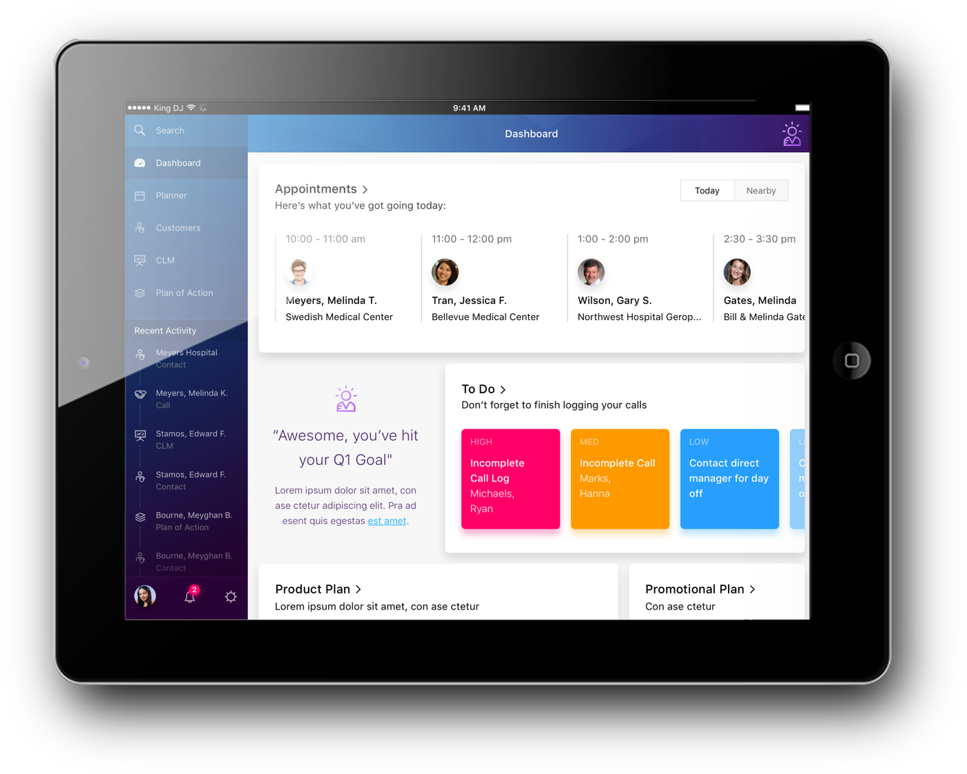 The shipped dashboard on iPad: today's four appointments with photos and locations, a to-do card of incomplete call logs colour coded by priority, a goal message, and product and promotional plan cards, beside a recent activity rail.