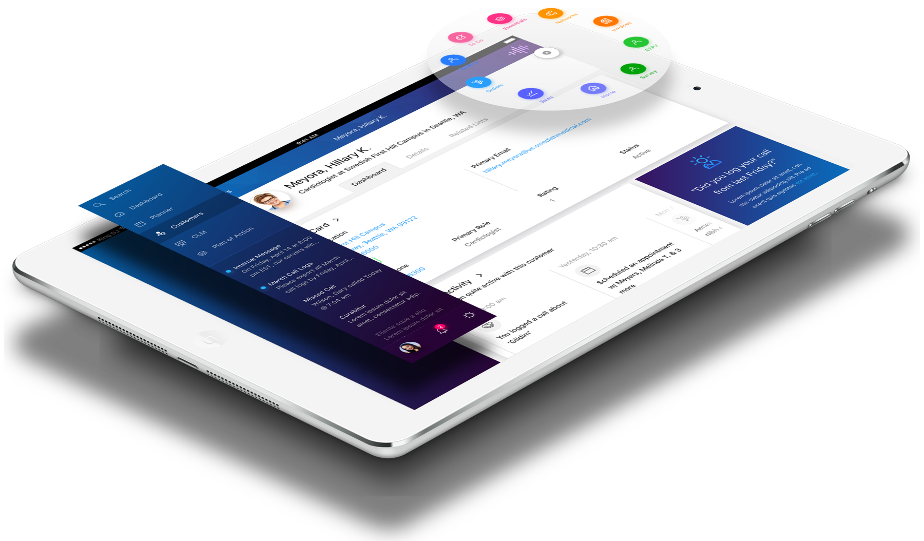 The shipped OCE iPad app shown at an angle: a customer dashboard for a cardiologist with contact card, recent activity and a prompt asking whether the rep logged a call from last Friday, with the radial module launcher open above it.