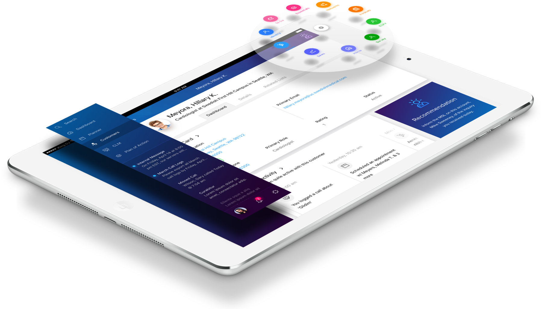 The shipped customer dashboard shown at an angle with the module launcher open, and a recommendation panel advising the rep to inform the medical science liaison on the account about an inquiry received today.
