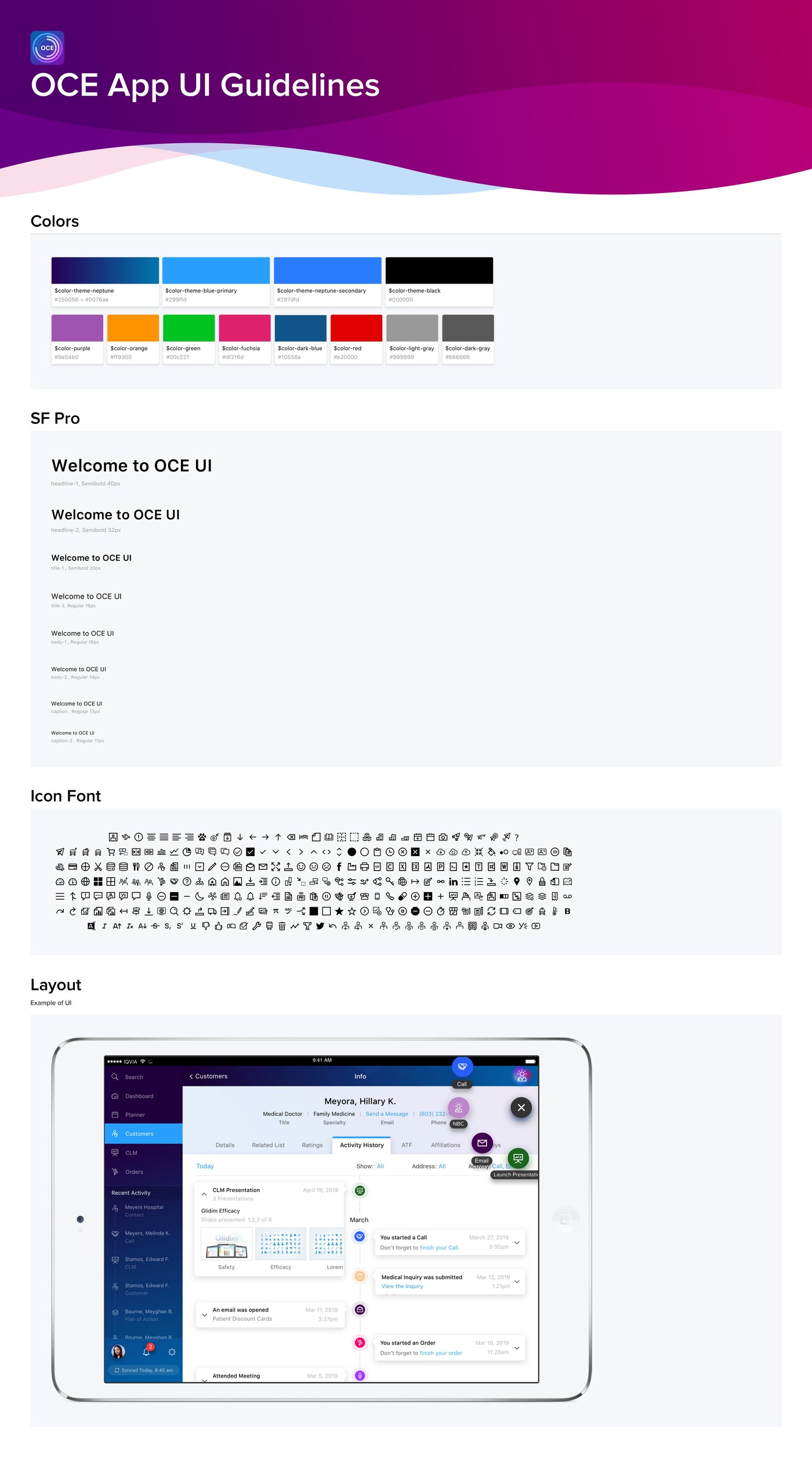 The OCE app UI guidelines: a named color palette with hex values, an SF Pro type scale running from headline-1 at 40px down to caption-2 at 11px with each step labelled, an icon font sheet, and a layout example on an iPad.