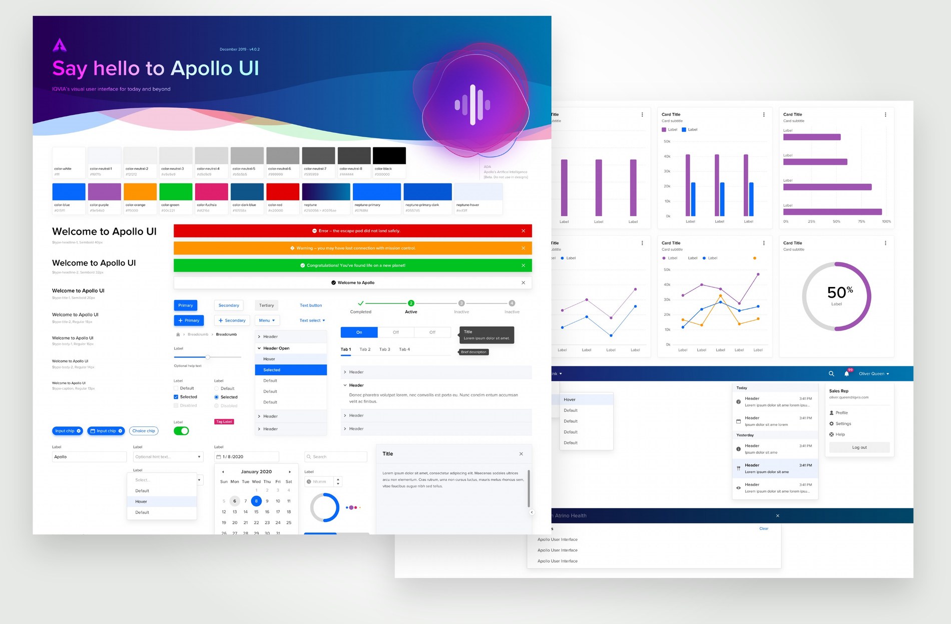 The Apollo UI kit: a color library, type scale, alert bars, buttons, chips, form controls, a date picker, tabs and menus, alongside chart cards showing bar, line and donut examples and an application shell with a navigation bar and notification panel.