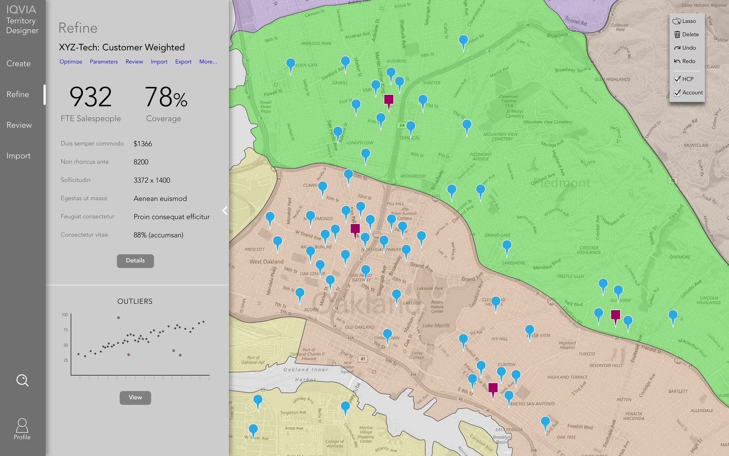 Greyscale wireframe of the refine view: a left panel with coverage and headcount figures and an outliers scatter plot, a colour-blocked territory map filling the canvas, and a floating tool palette with lasso, delete, undo, redo and layer toggles.