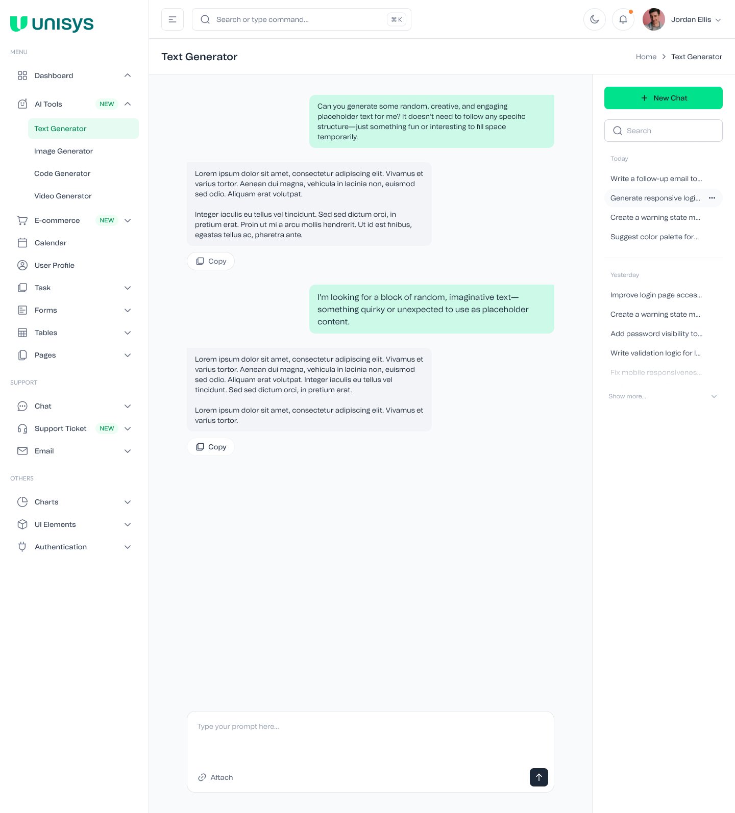 The Text Generator screen in light mode: a chat thread with prompts in green bubbles and responses with copy buttons, a prompt box with attach and send, and a chat history panel with a New Chat button.