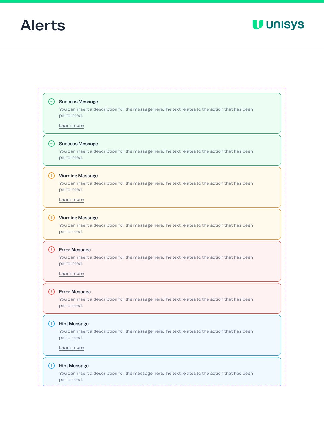 The Alerts page: success, warning, error and hint messages, each shown with and without a Learn more link.