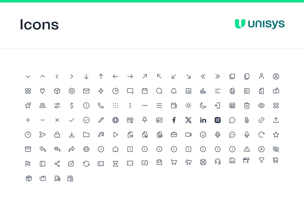 The Icons page: about 130 outline icons on a 24px grid, including arrows, files, people, settings, charts, communication, commerce and status icons.