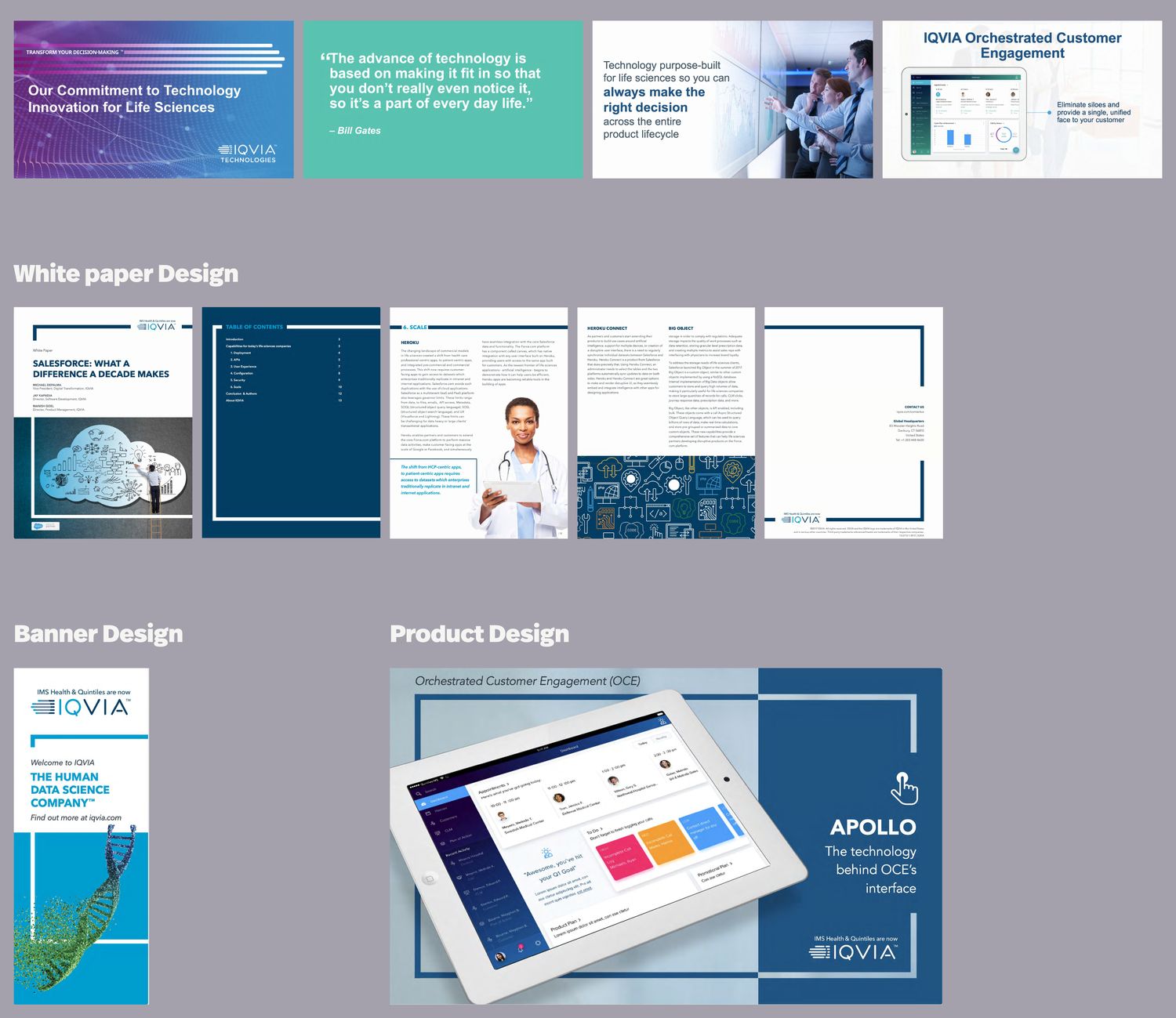 IQVIA marketing collateral: presentation slides on technology for life sciences, a multi-page Salesforce white paper, a vertical trade banner, and an Apollo product launch graphic.
