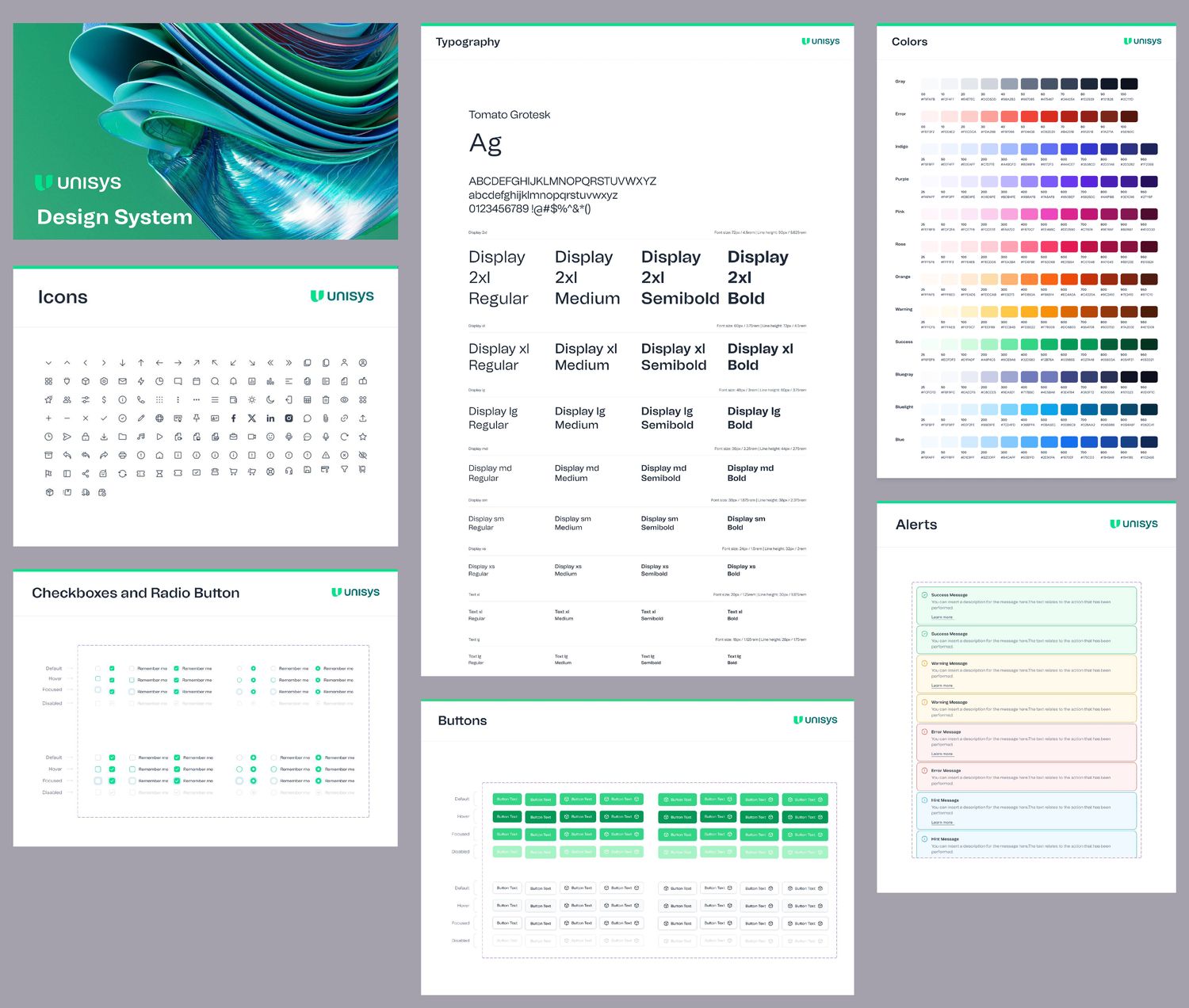 Unisys design system pages: cover, icon grid, checkbox and radio states, a Tomato Grotesk type scale, button states, twelve-step color ramps, and alert message patterns.
