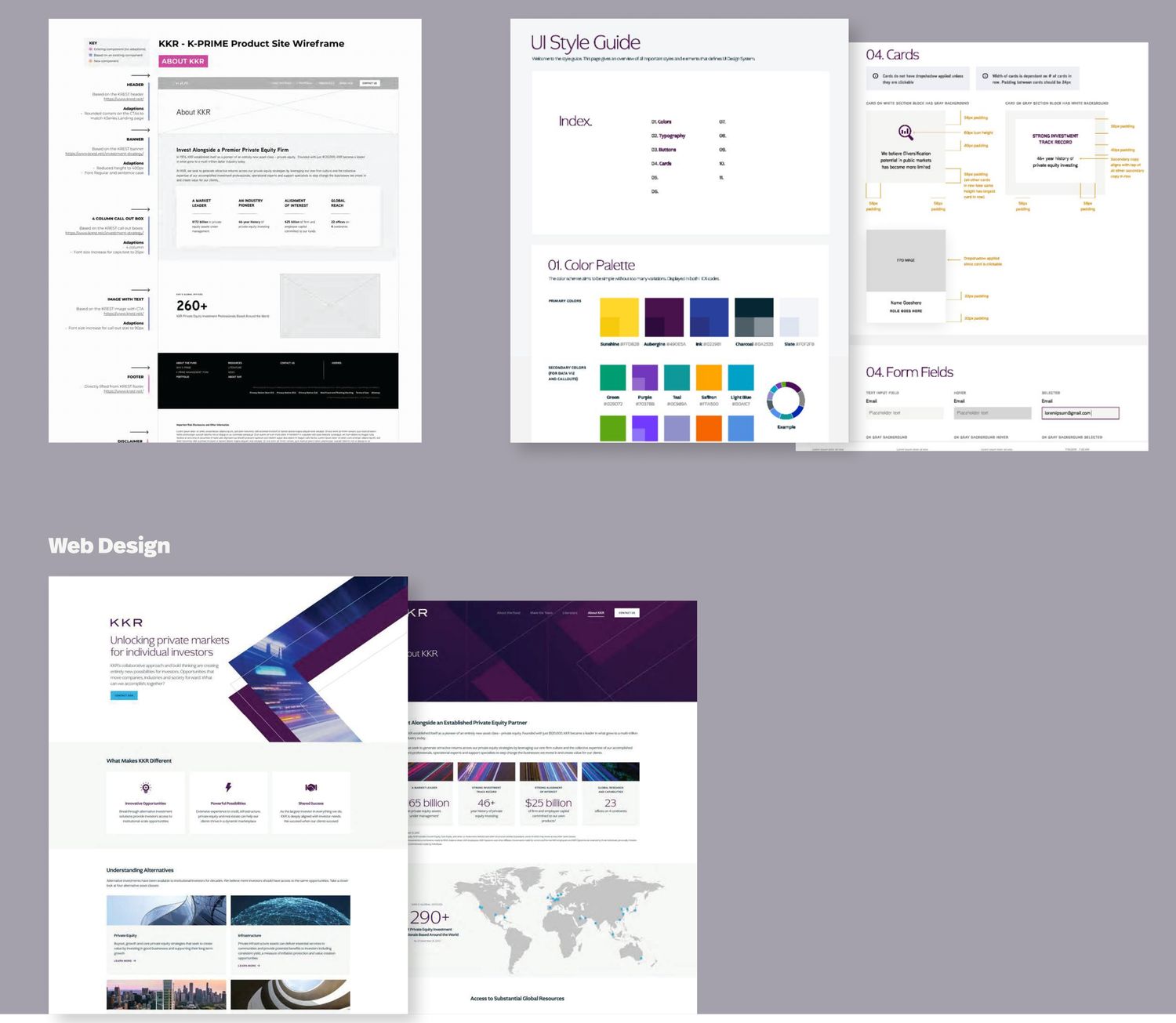 KKR K-PRIME work: an annotated wireframe of the About page, a UI style guide covering color palette, cards and form fields with redlines, and the finished web pages.