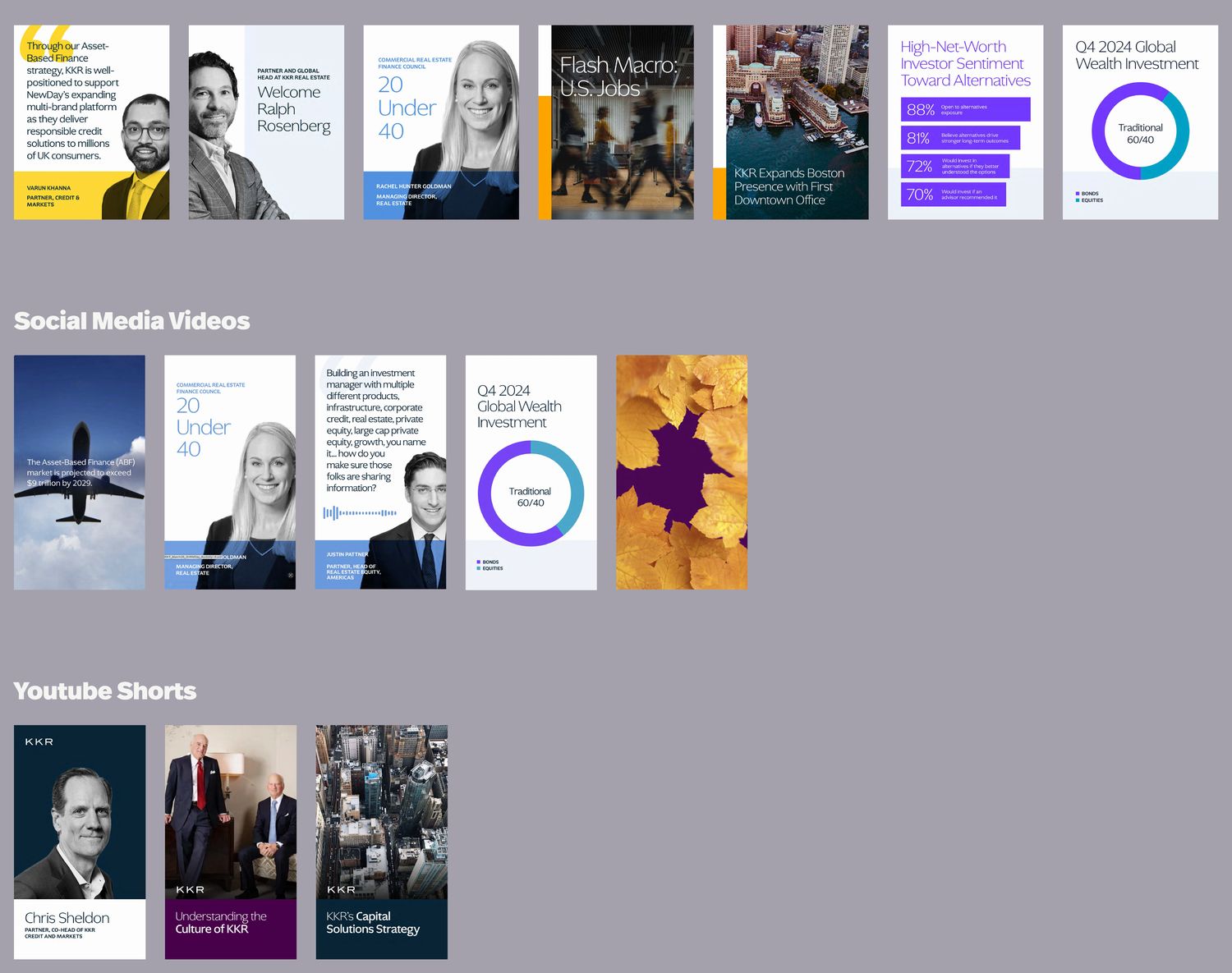 KKR social media system: announcement and quote cards, statistic cards on investor sentiment, vertical video frames, and YouTube Shorts covers featuring partners.