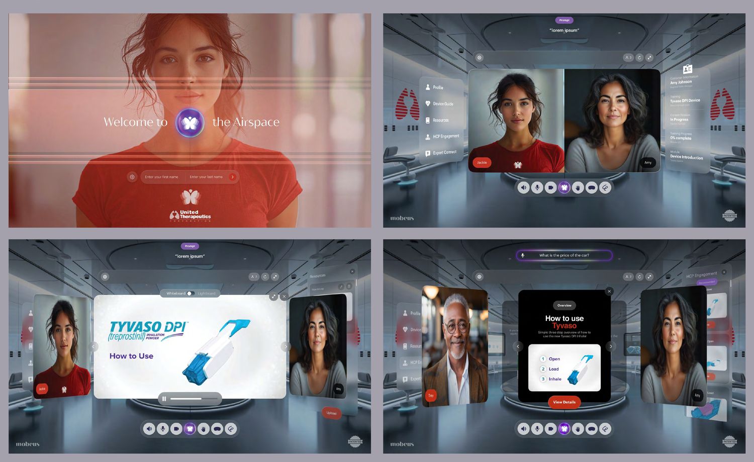 Mobeus Airspace screens: a welcome entry state over live video, an immersive virtual room with participants and an HCP engagement panel, and product training content shared inside the room.