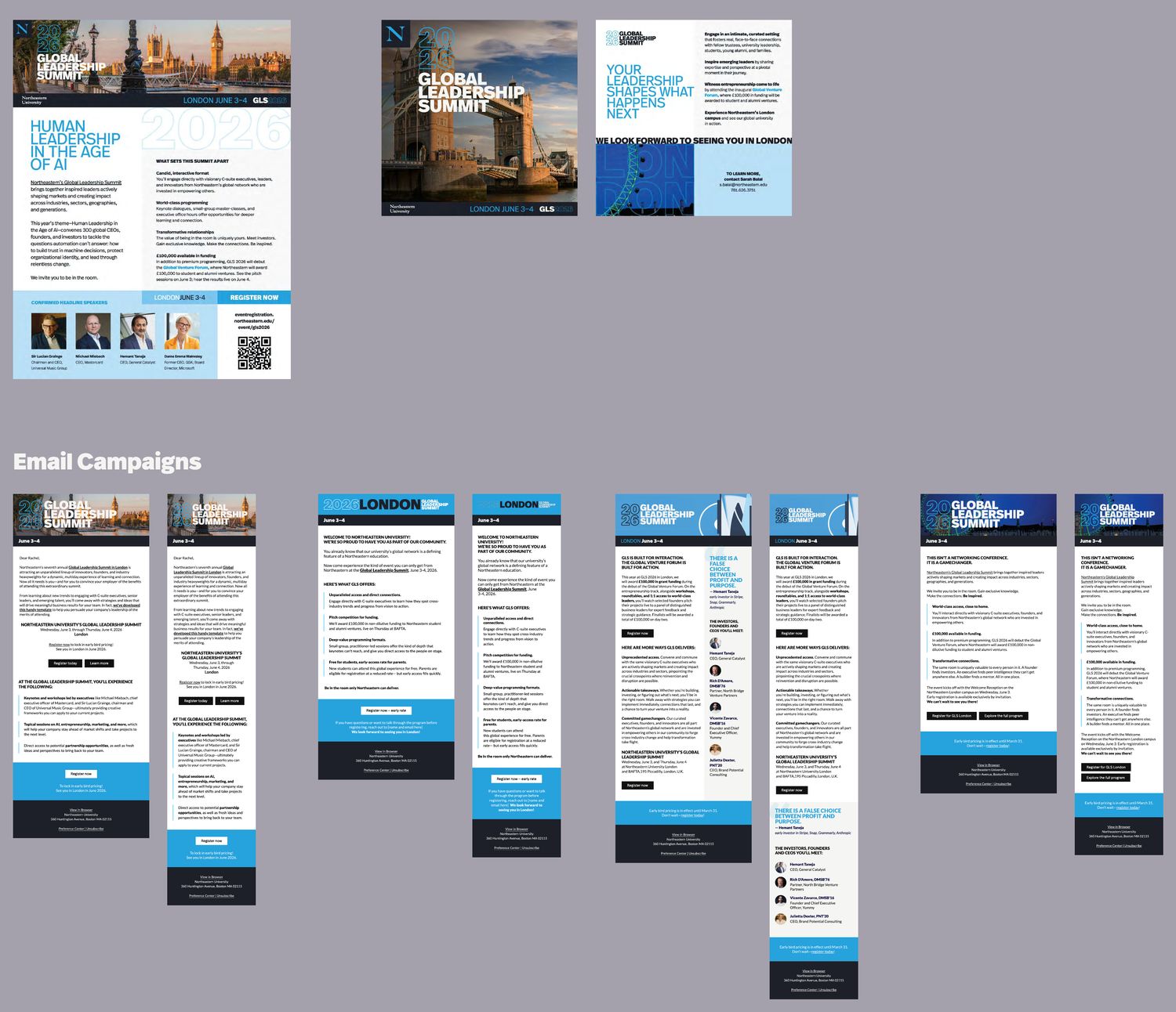 Global Leadership Summit campaign: a London 2026 one pager with speaker lineup, a two-sided postcard, and a run of eight email designs in the same system.