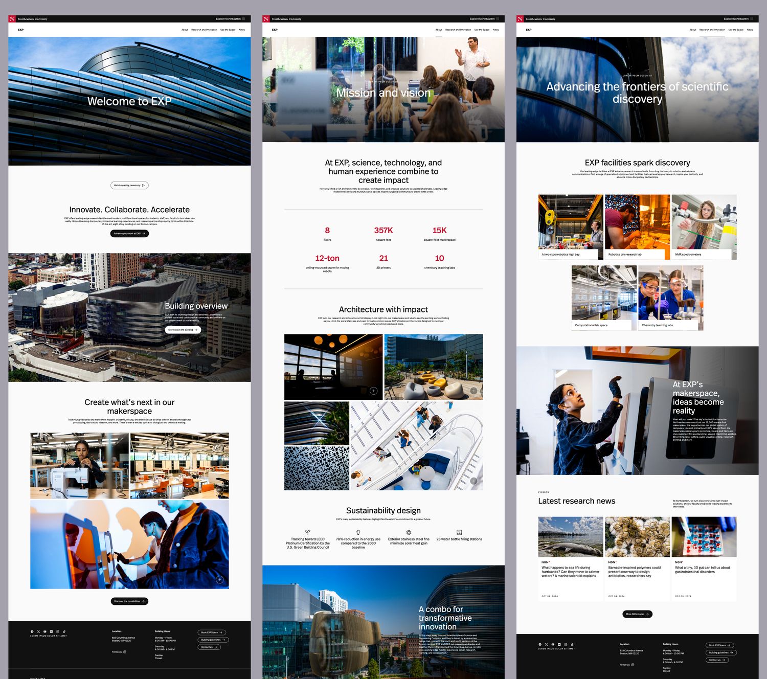 Three full page designs for Northeastern's EXP research building: a welcome page, a mission page with building statistics, and a research page with facility galleries and news.