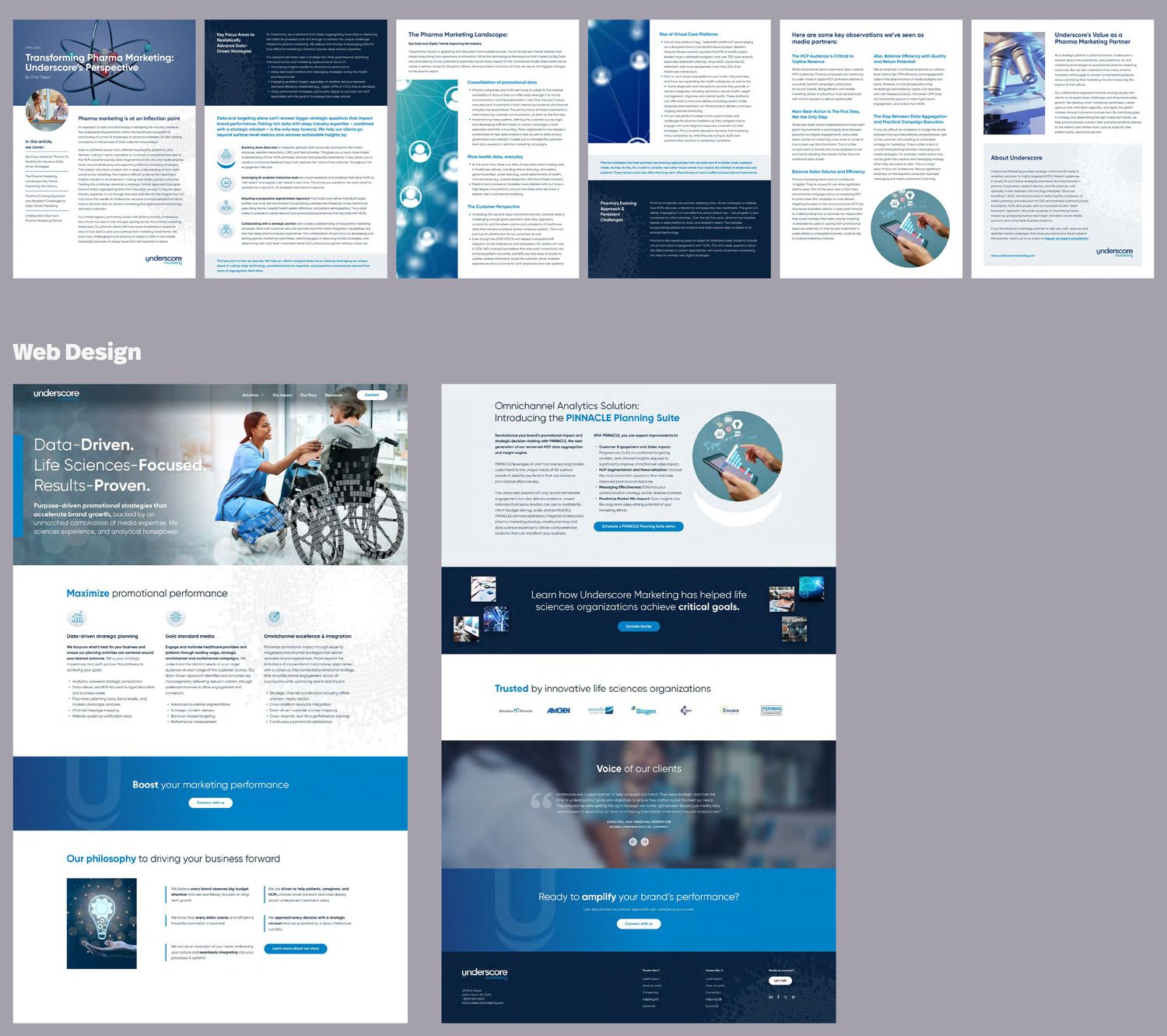 Underscore Marketing refresh: a pharma marketing white paper spread across six pages, and two web page designs including the PINNACLE Planning Suite product page.
