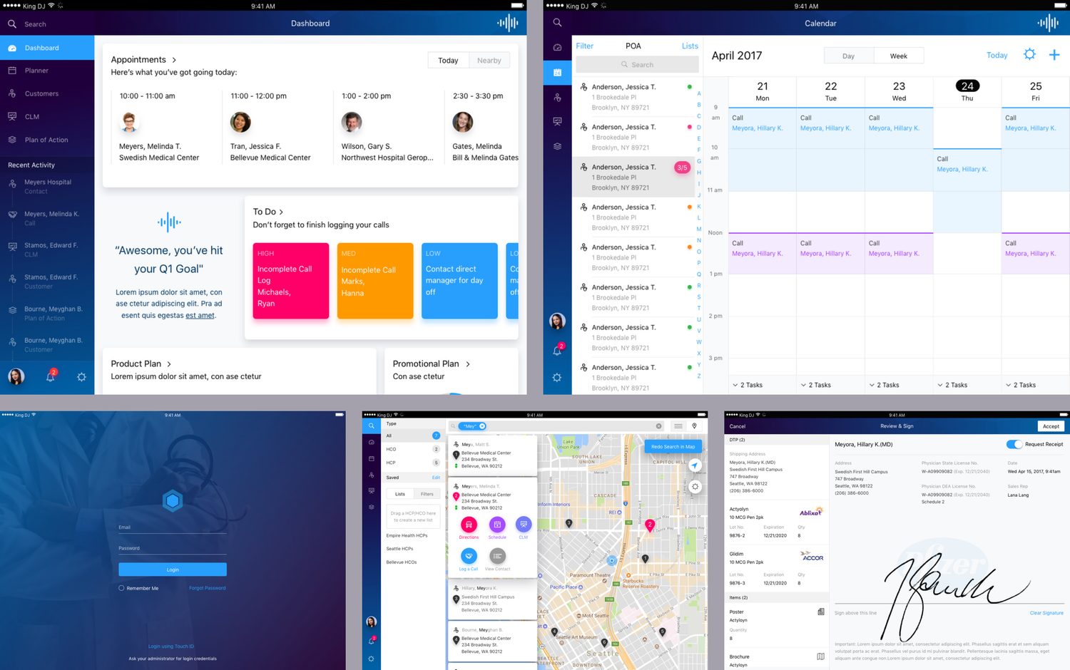 Five OCE iPad screens: a dashboard of appointments, to-dos and plans; a week calendar of scheduled calls; a branded login; a territory search pairing an HCP list with a map; and a review-and-sign screen capturing a physician signature.